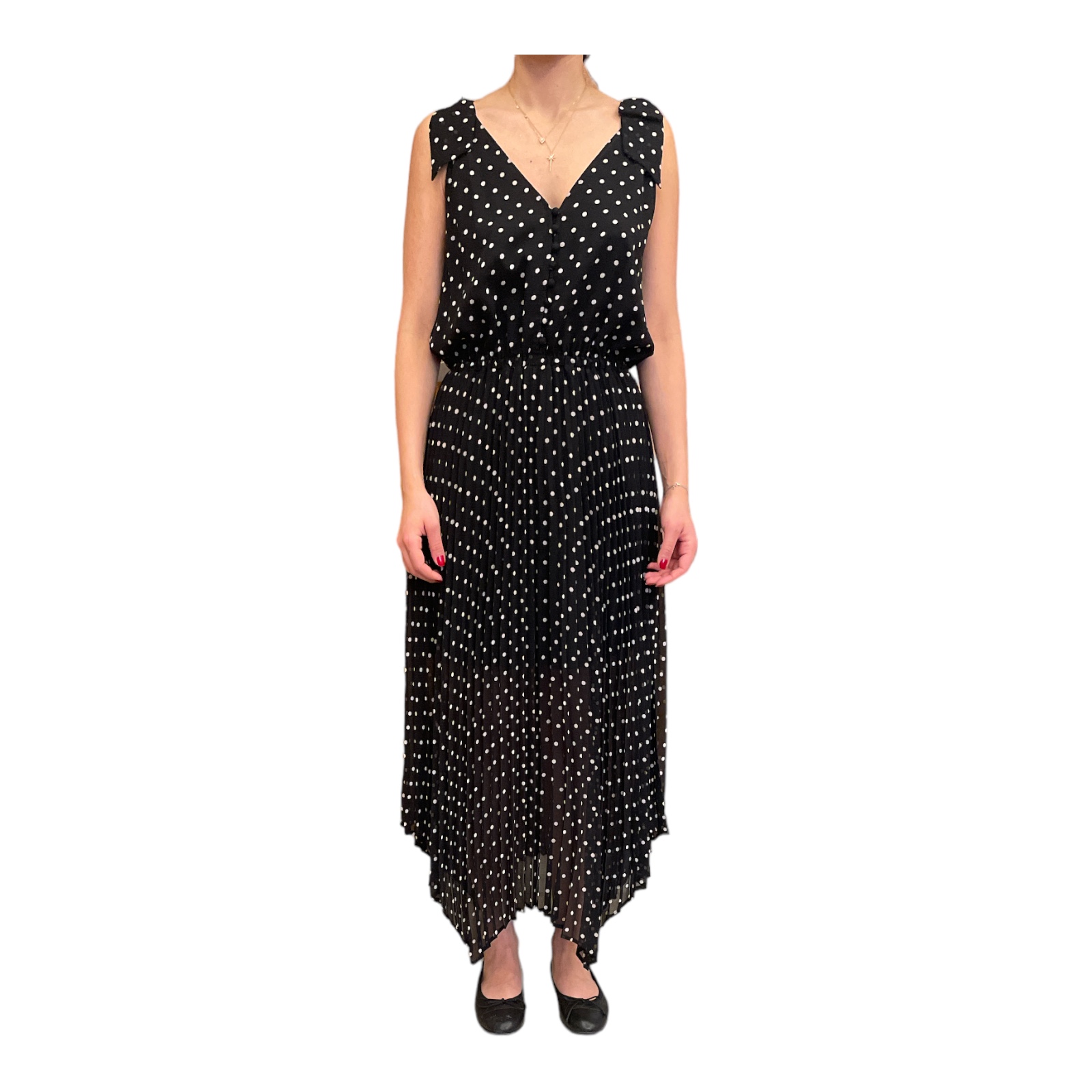 The_Kooples_White_dotted_black_midi_dress_Front_2