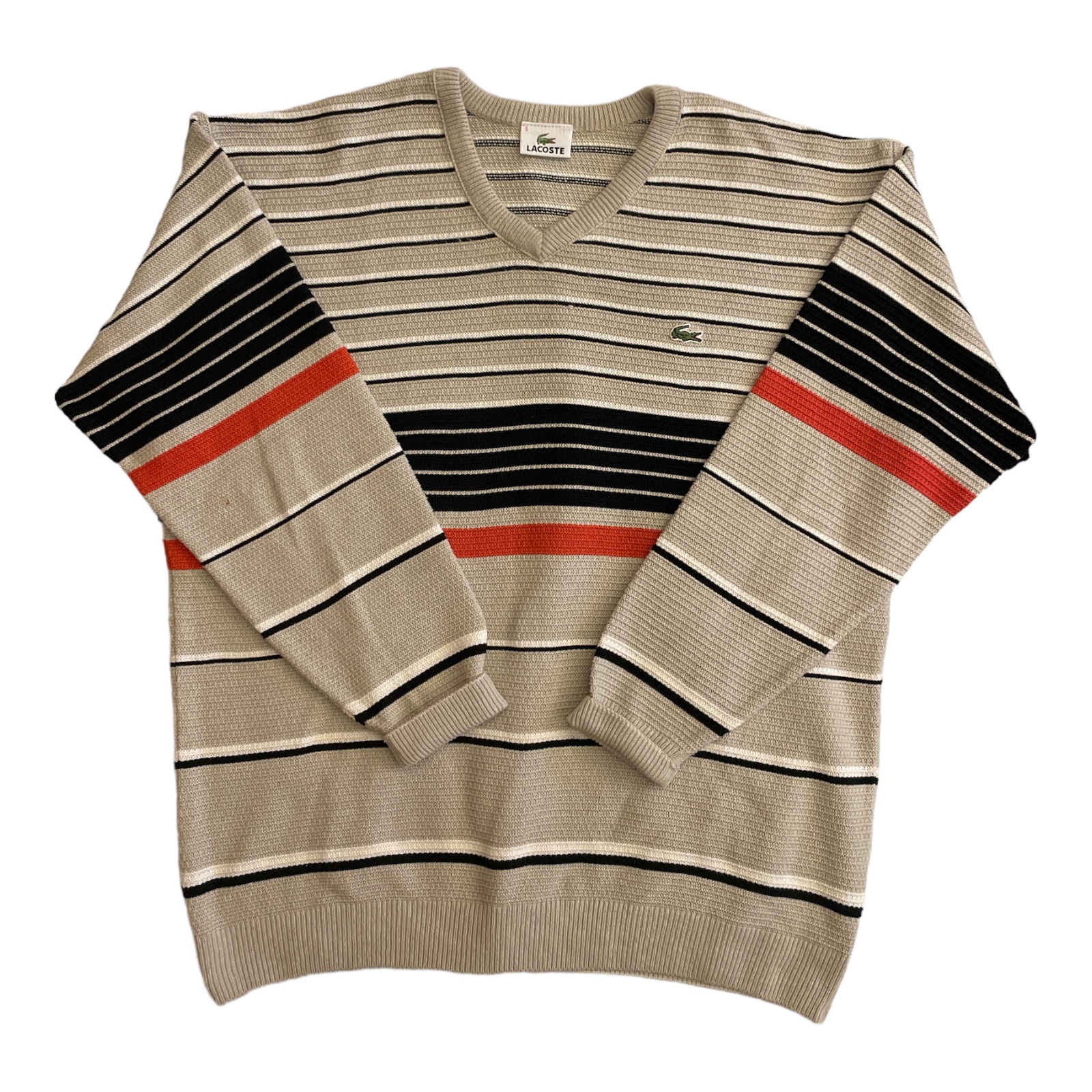 LACOSTE_Mens_V-Neck-Jumper-Sweater-Size-5-Large-Beige-with-black-stripes-Wool_Front_2